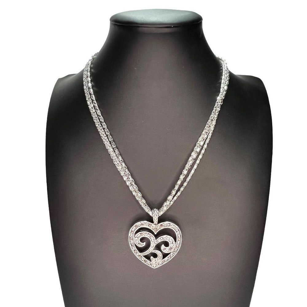 Marcasite Style Heart Pendant Necklace Triple Chain Fashion Jewelry